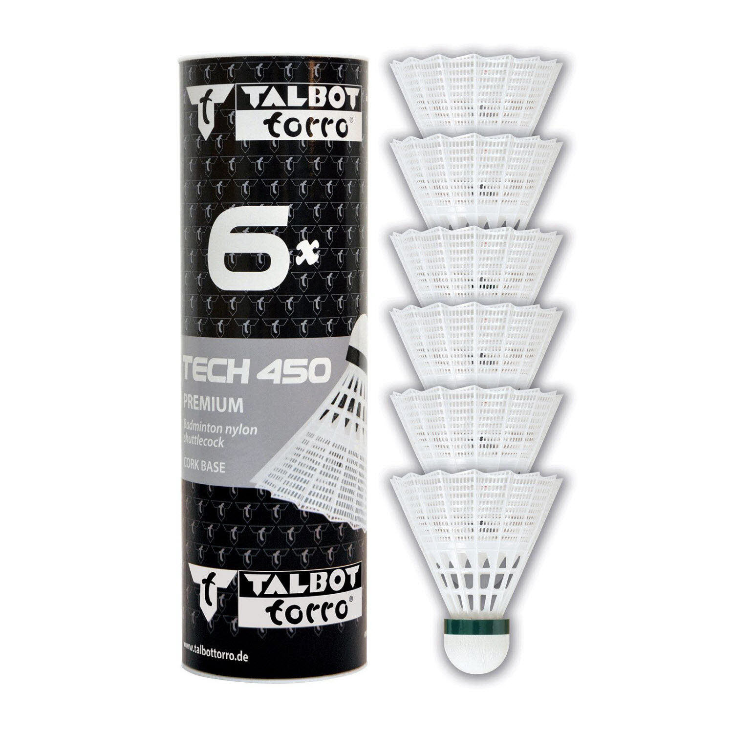 Talbot-Torro Badmintonball Tech 450, Premium Nylonfederball, 6er Dose, Korb:weiß grün/slow